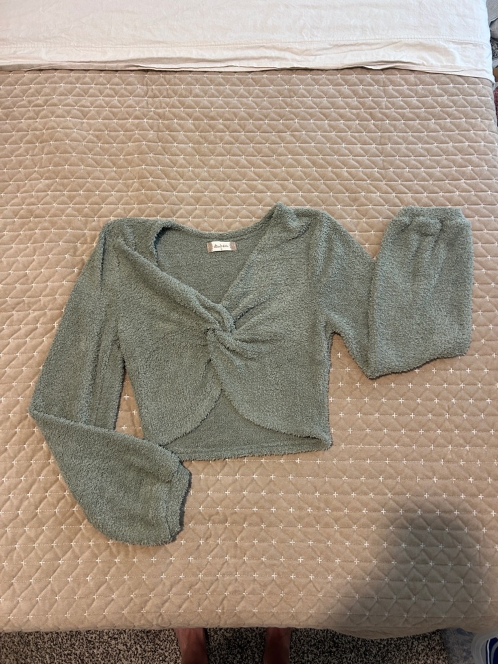 Altar'd State Cozy Twist V-Neck Sweater in Sage